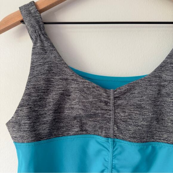 Lululemon Teal and Gray Athletic Tank Top Logo Pocket Ruched Stretch Sleeveless - Picture 3 of 7